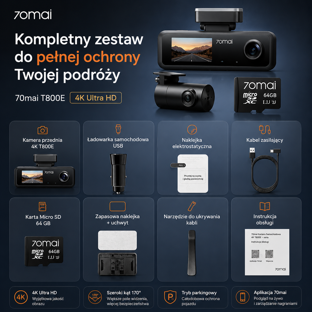 Kamera samochodowa 4K, przód i tył, wnętrze, 3-kanałowa kamera samochodowa, kamera samochodowa z GPS, Wi-Fi 6, sterowanie głosowe, monitor parkowania, noktowizor, nagrywanie w pętli, karta SD 64GB w zestawie (T800E)